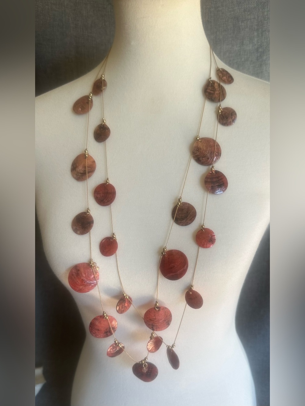 Coral Iridescent Shell Disc Double Strand Statement Necklace